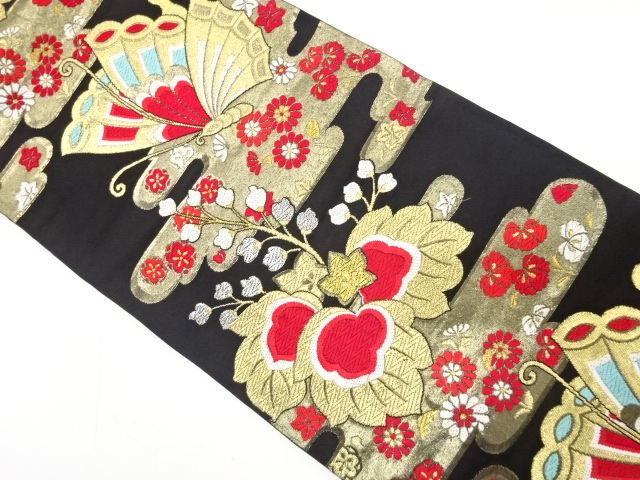 アンティーク　ヱ霞に桐・蝶模様織り出し袋帯（着用可）